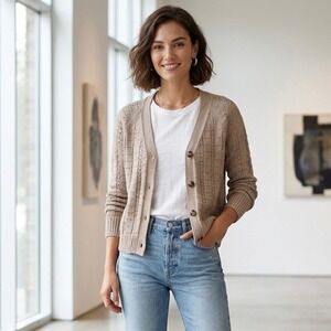 Per Una Marks & Spencer Beige Pointelle Knit Cardigan Sweater Womens Size 10